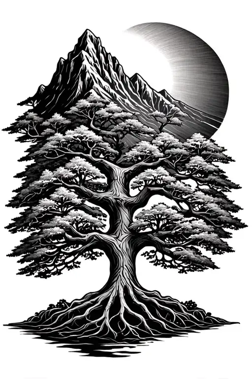 Tree Of Life Intertwined With Mountain And Sun Shining