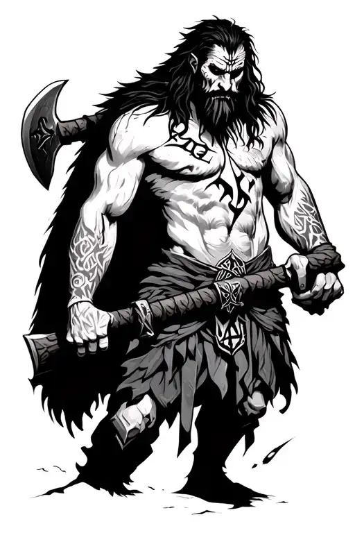 Berserker With Algiz And Uruz Rune Scar On The Chest Holding Two Axes