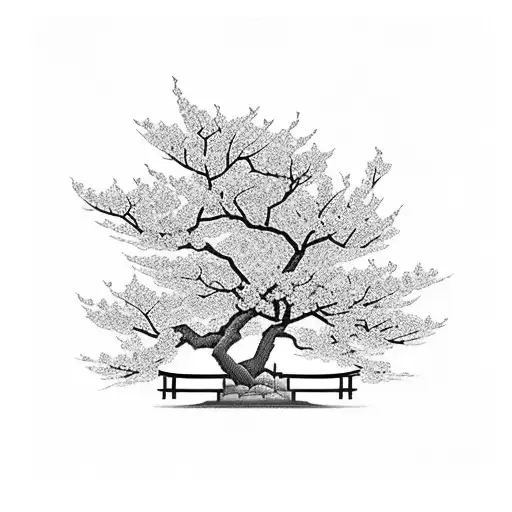 Japanese Cherry Blossom Tree With Japanese Bridge In Between