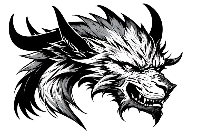 Demon Lion Face With Extra Teeth And Horns Bahamut Head