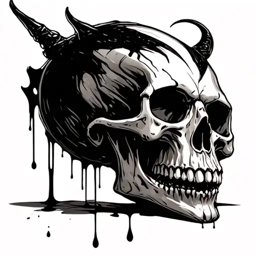 Dark Demonic Skull With Black Blood Flowing Down In Perspective