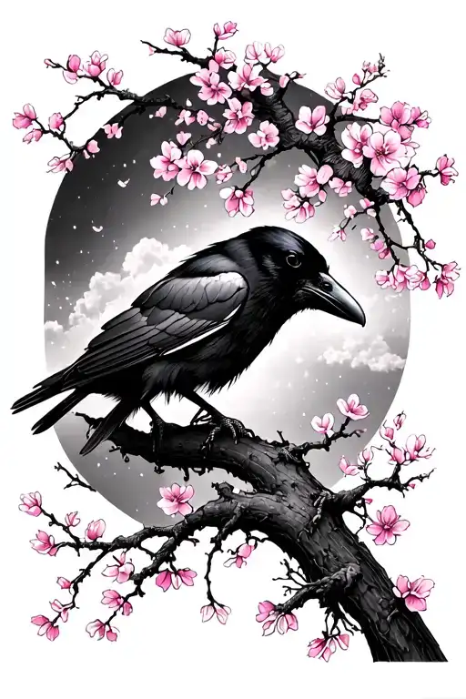 Raven And Cherry Blossom Tree