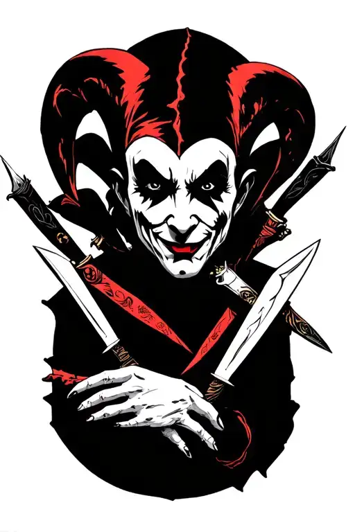 Black Jester With Six Hands Holding Knives