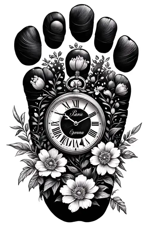 Granddaughter Foot Print With Name And Clock Face Surrounded By Flowers