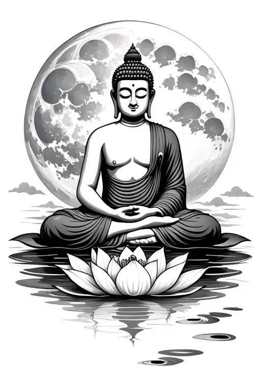 Buddha Sitting On Lotus Flower With A Moon And Water In The Background