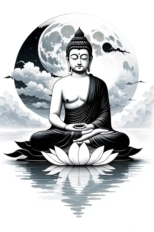 Buddha Sitting On Lotus Flower With Japanese Moon And Ocean In The Background