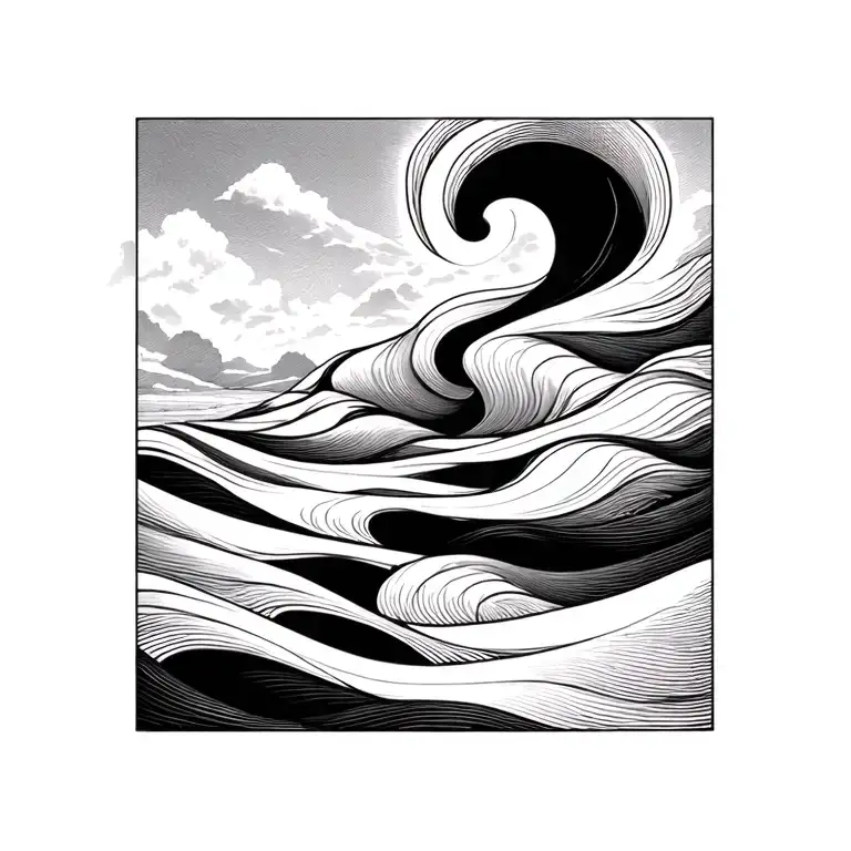 Monochrome Abstract Wavy Line Tattoo Going Down Hill