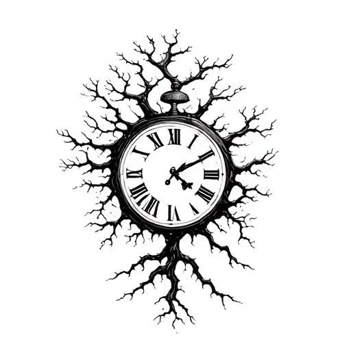 Broken Clock With Tree Roots Breaking Through The Clock
