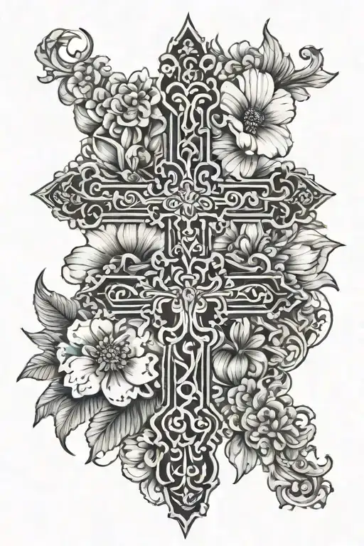 Cross Tattoo With Flowers