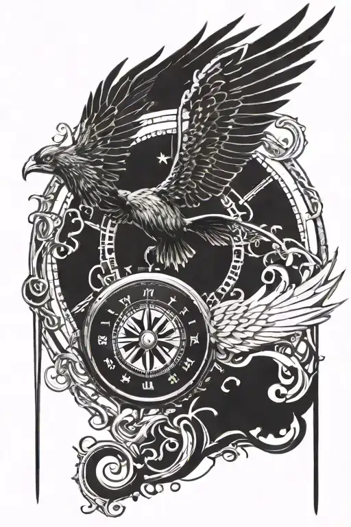 Flying Upwards Needled Compass With Phoenix Wings With Fire Around It All