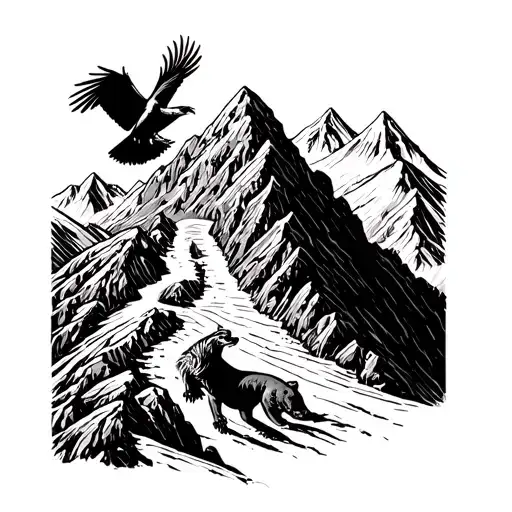 Inca Trail Winding Through A Mountain Range With A Condor Perched On A Peak And A Cougar Climbing