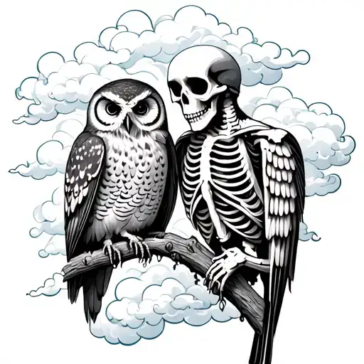 Skeleton Guarding Two Owls From Rain Strom Clouds