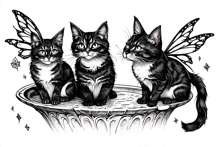 Three Fairy Cats On A Wishing Well