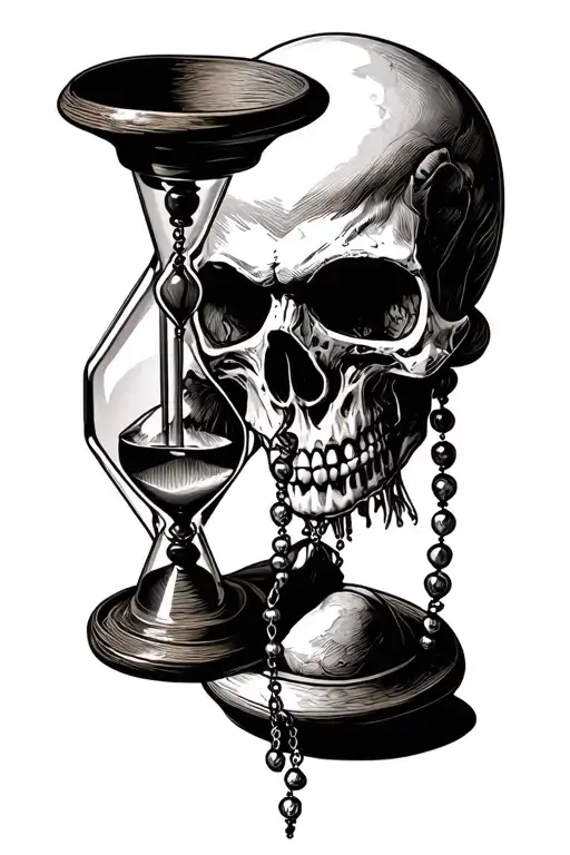 Skull With An Hourglass In Its Mouth And A Rosary Wrapped Around The Hourglass