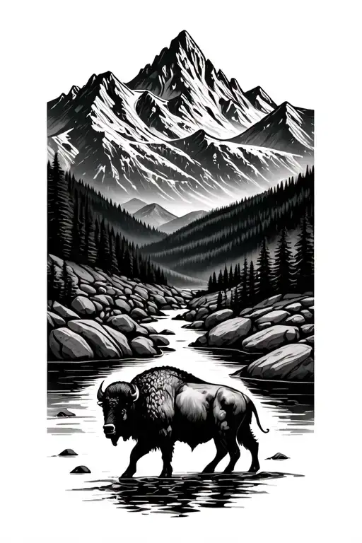 Buffalo Mountains And Stream Wiith Boulders