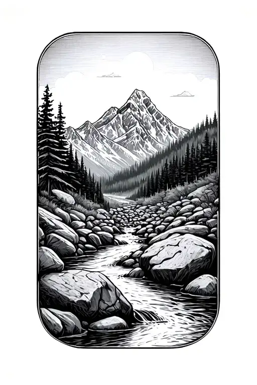 Buffalo Mountains And A Stream Wiith Boulders