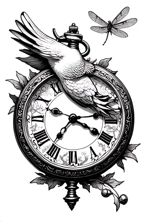 Dove With Old Pocket Watch Surrounded With A Hidden Dragon Fly