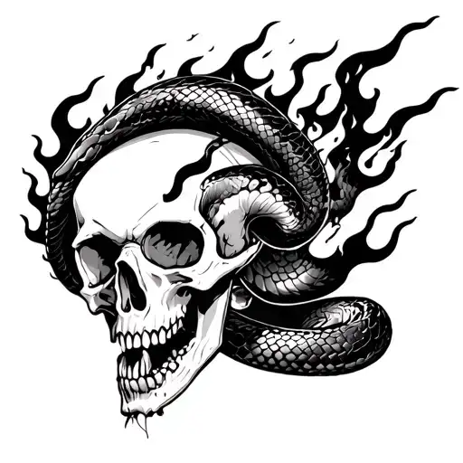 Skull With Flames Going Berserk With A Snake Wrapping