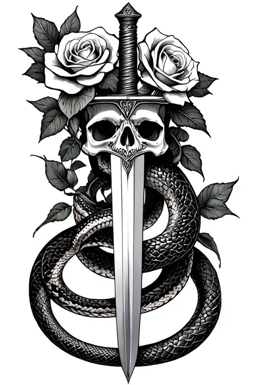 Skull Roses And A Snake Or A Snake Surrounding A Sword