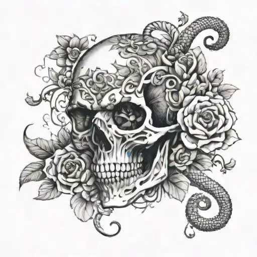 A Snake Weaving Through A Skull Made Of Flowers