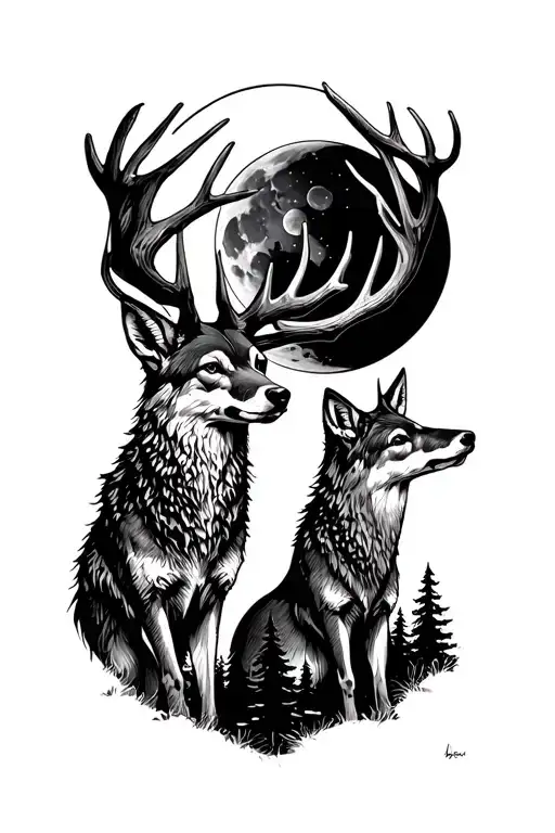 Coyote And Whitetail Buck Neck Up But Both With A Moon And Trees