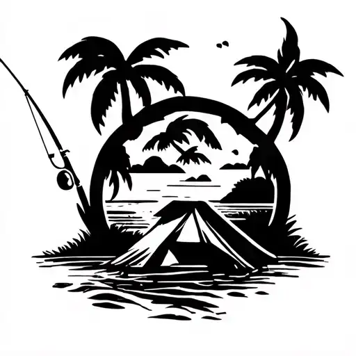 A Campsite By The Beach With A Fishing Rod And Inguz Symbol In The Background