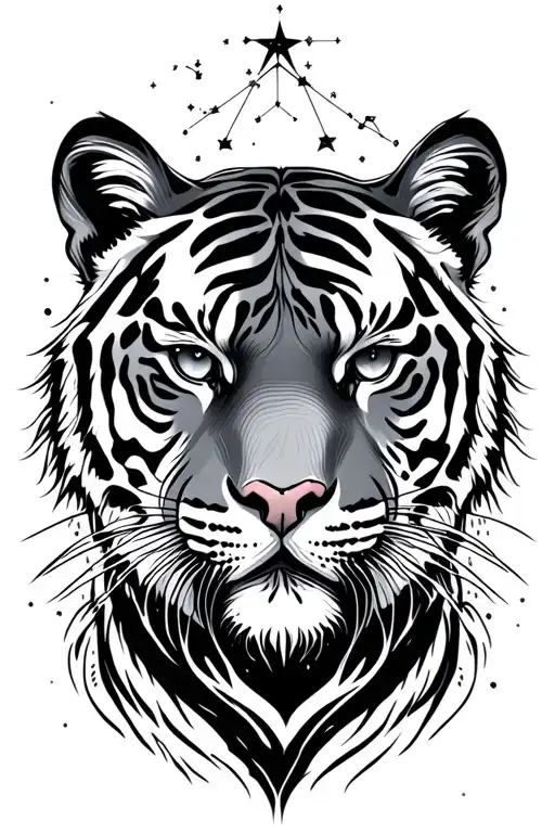 Tiger Head With Constellations And Ocean Wave Around Her