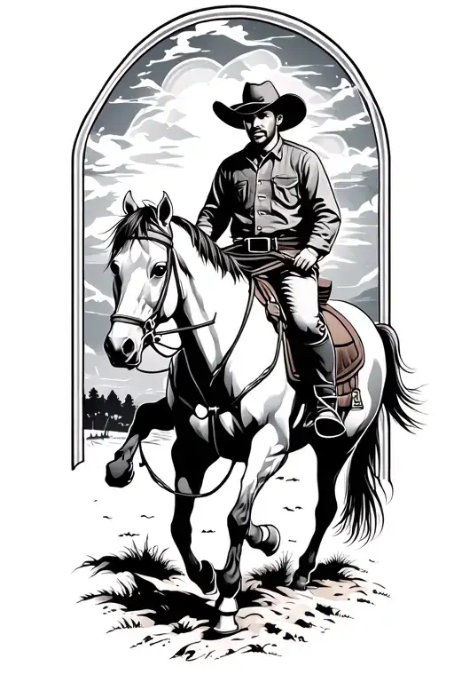 A Tattoo Design Of A Cowboy Riding A Horse Through Night And Day