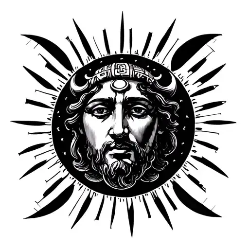 Greek Face With Sun Rays And Moon Crescents Either Side