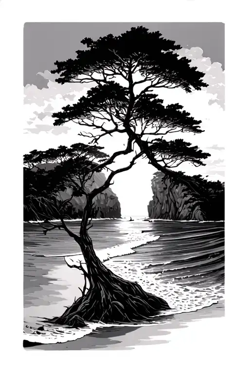 Coast Line Cliffs Trees Down Beach With Waves And Ocean