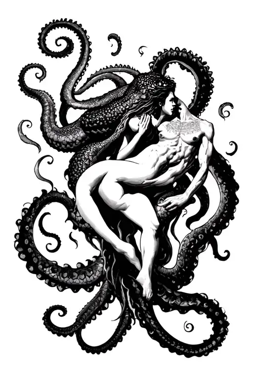 A Man And Woman Wrapped In The Tendrils Of A Large Kraken