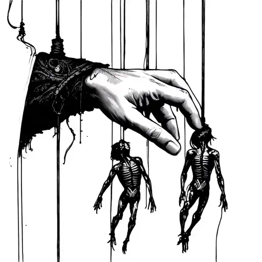 Hand With Puppet Strings Attached And Hanging Victims On Each String