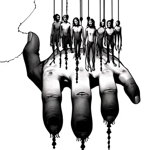 Hand With Puppet Strings Attached To Each Finger With Hanging Victims On Each String
