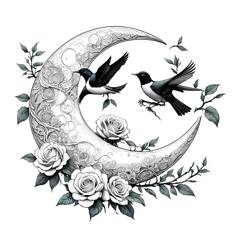 Moon And Birds And Roses Intertwined