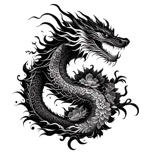 Dragon Ans Chinese Flowers Intertwined