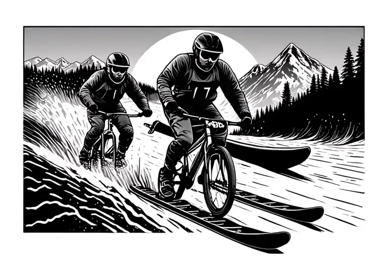 Skier Following A Mountain Biker Following A Kayaker Along A Electrocardigram