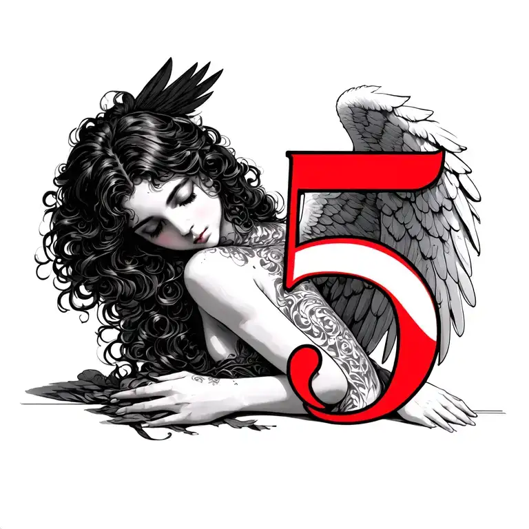 Angel Resting Her Head With A Red Number Five