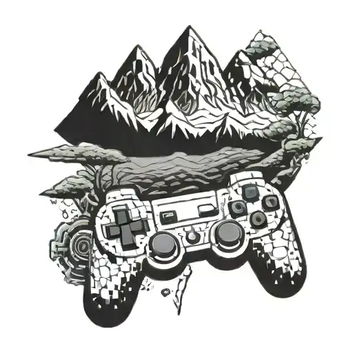 A Pixelated Mountain Landscape With A Hidden Gaming Controller Integrated Into The Design