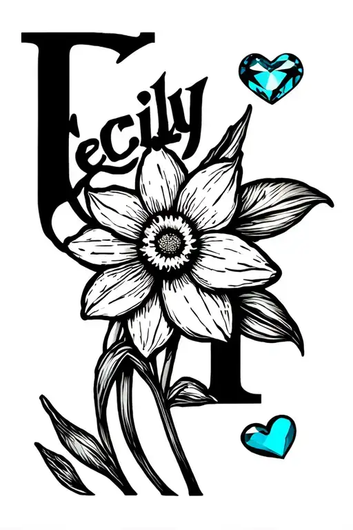 The Name Cecily Over A Daffodil And An Small Aquamarine Heart The Upper Right Side Of The Name