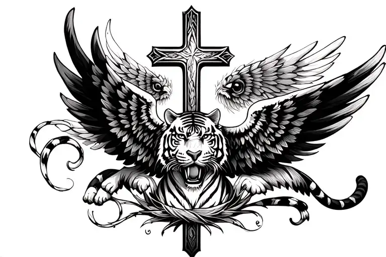 A Short Cross In Between A Pair Of Wings With A Tiger In The Cross