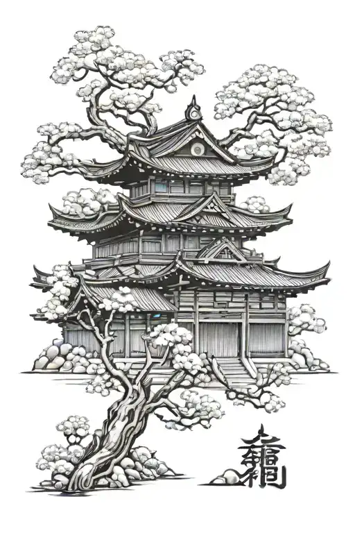 Japanese Temple And Samurai And Sakura
