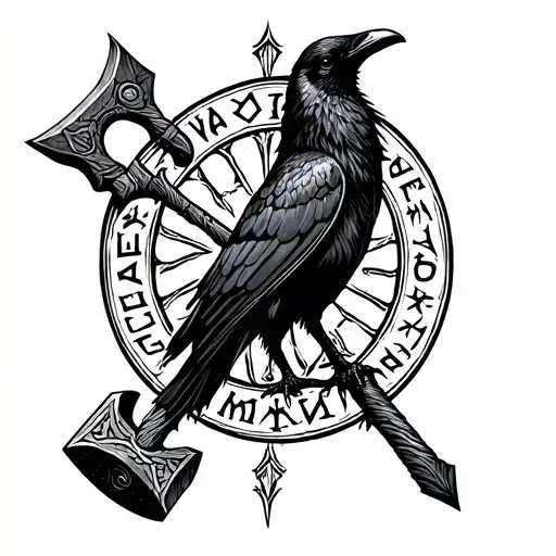Odin Name In Runes Around A Crow And Thors Hammer