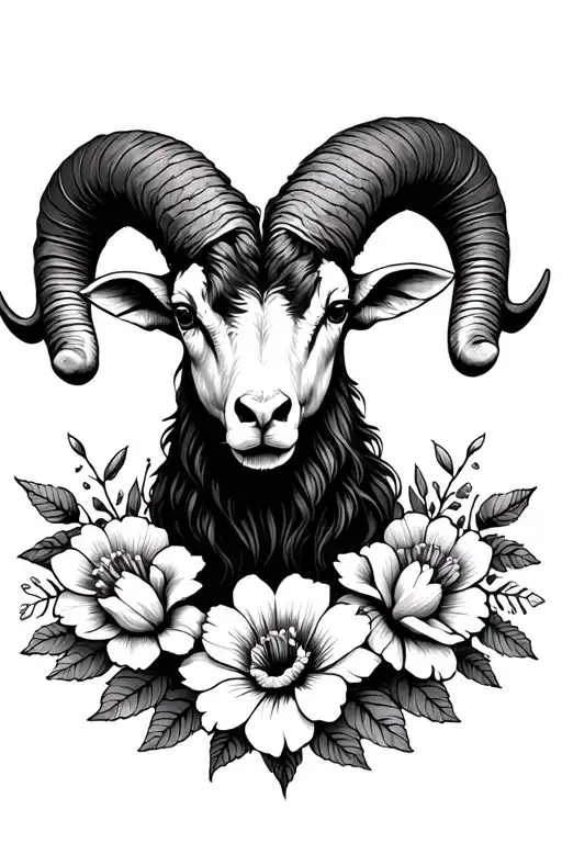 Aries Ram Head Surrounded By Flowers
