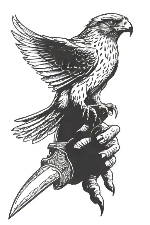 Falcon Perched On Hand Holding A Knife