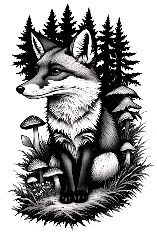 Black And White Fox With Mushroom And Forest Scene