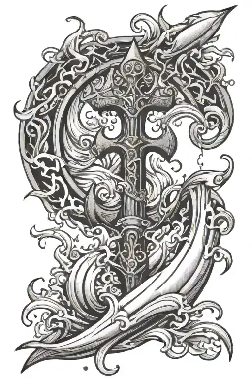 Poseiden Trident Surrounded By Waves Flowing