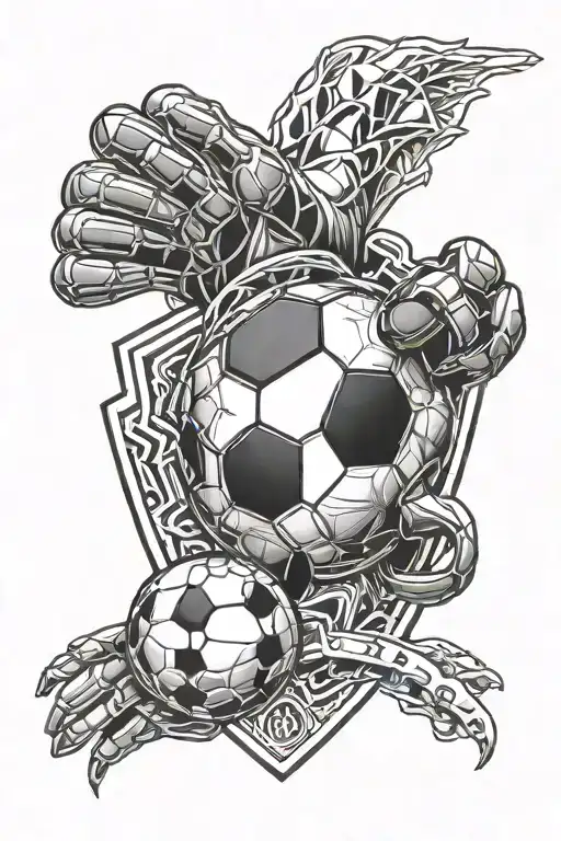 A Surreal Design Of A Soccer Ball Transforming Into A Shield With Goalkeeper Gloves On Top