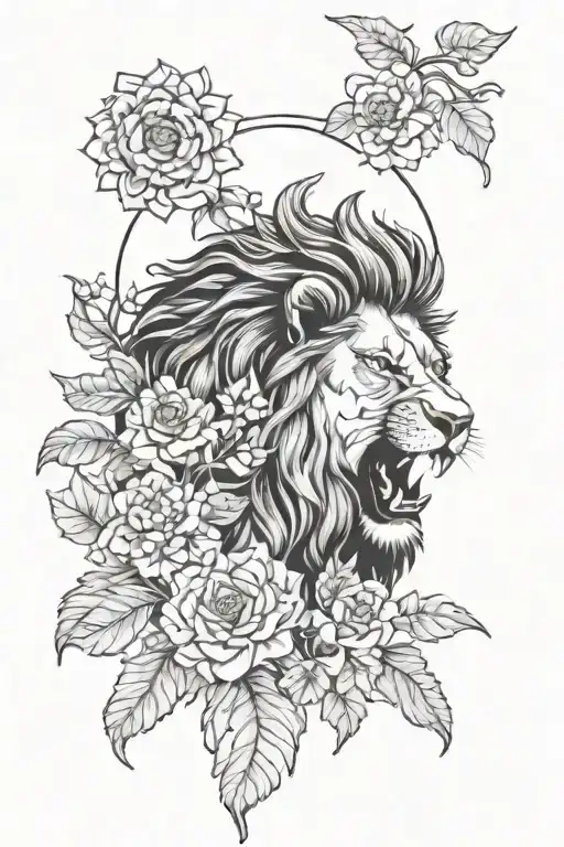 Lion Eating A Sun With Floral Background Black And White