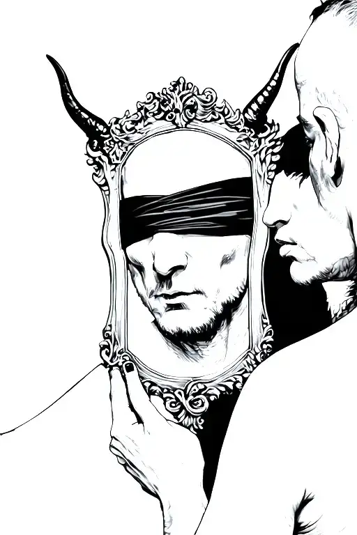 Blindfolded Man Looking Into Mirror And Seeing The Devil