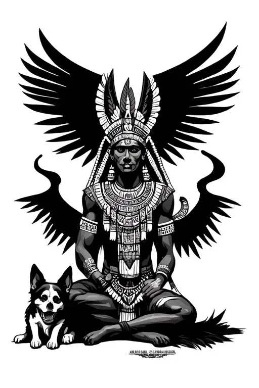 Aztec God Sitting On The Ground With A Dog And Skulls
